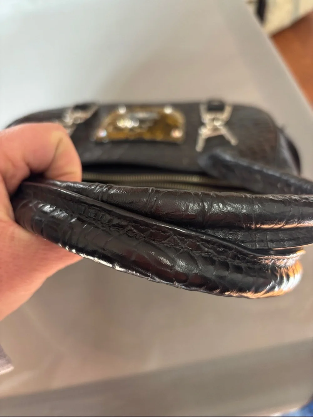 Debbie Brooks Black Croc-Embossed Women's Handbag with Gold Floral Accent